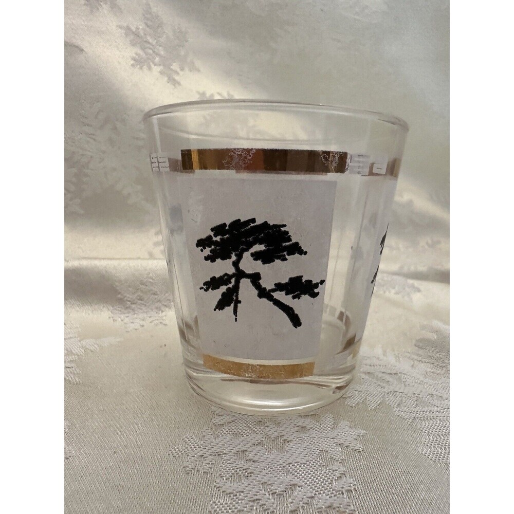 Vintage Mid Century Modern MCM Asian Bonsai White Black Gold Low-ball Glasses